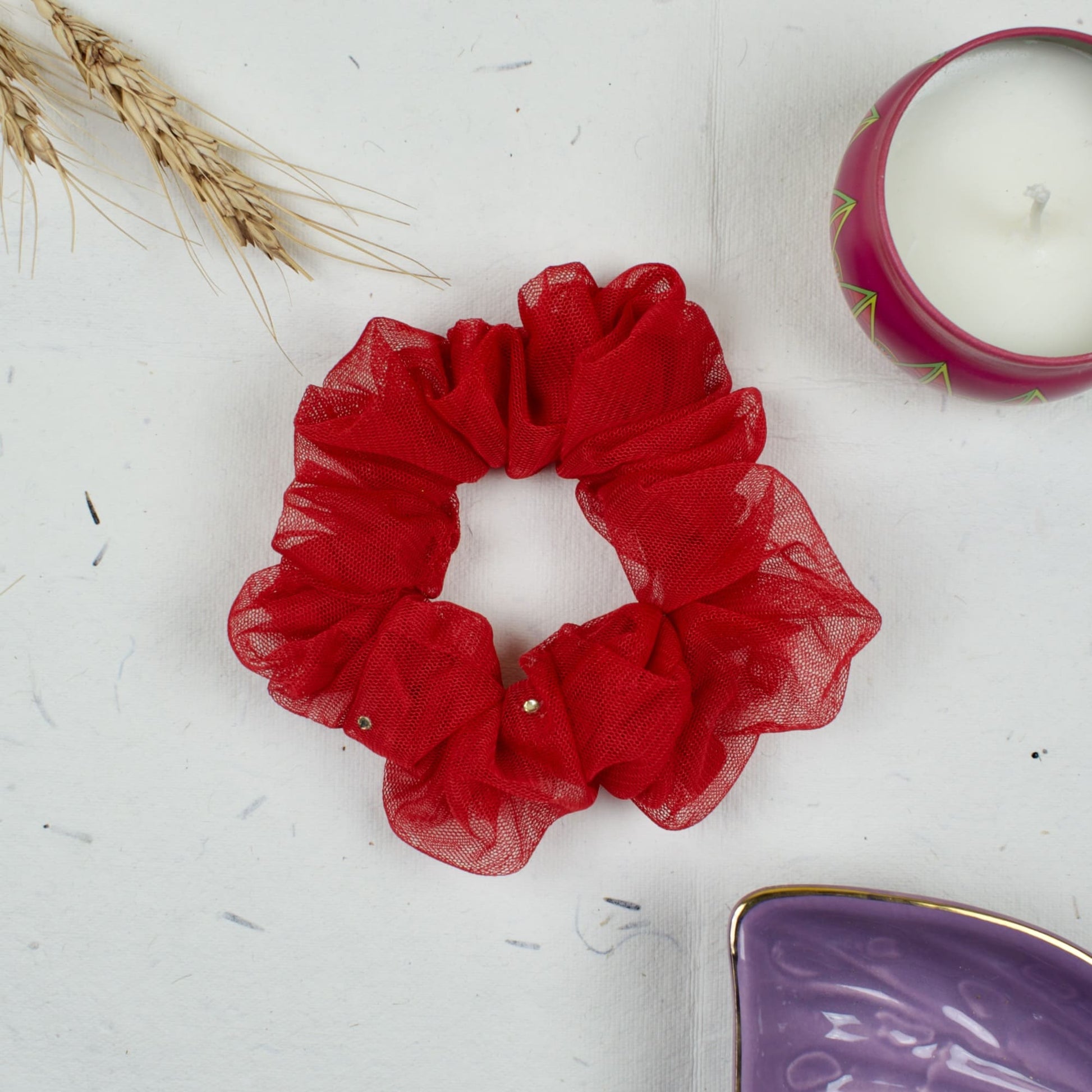 Red Solid scrunchie styled flatlay