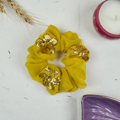 Yellow Embellished scrunchie styled flatlay