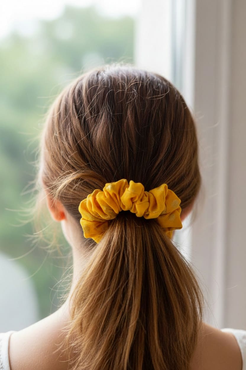 Yellow Embellished scrunchie worn in hair