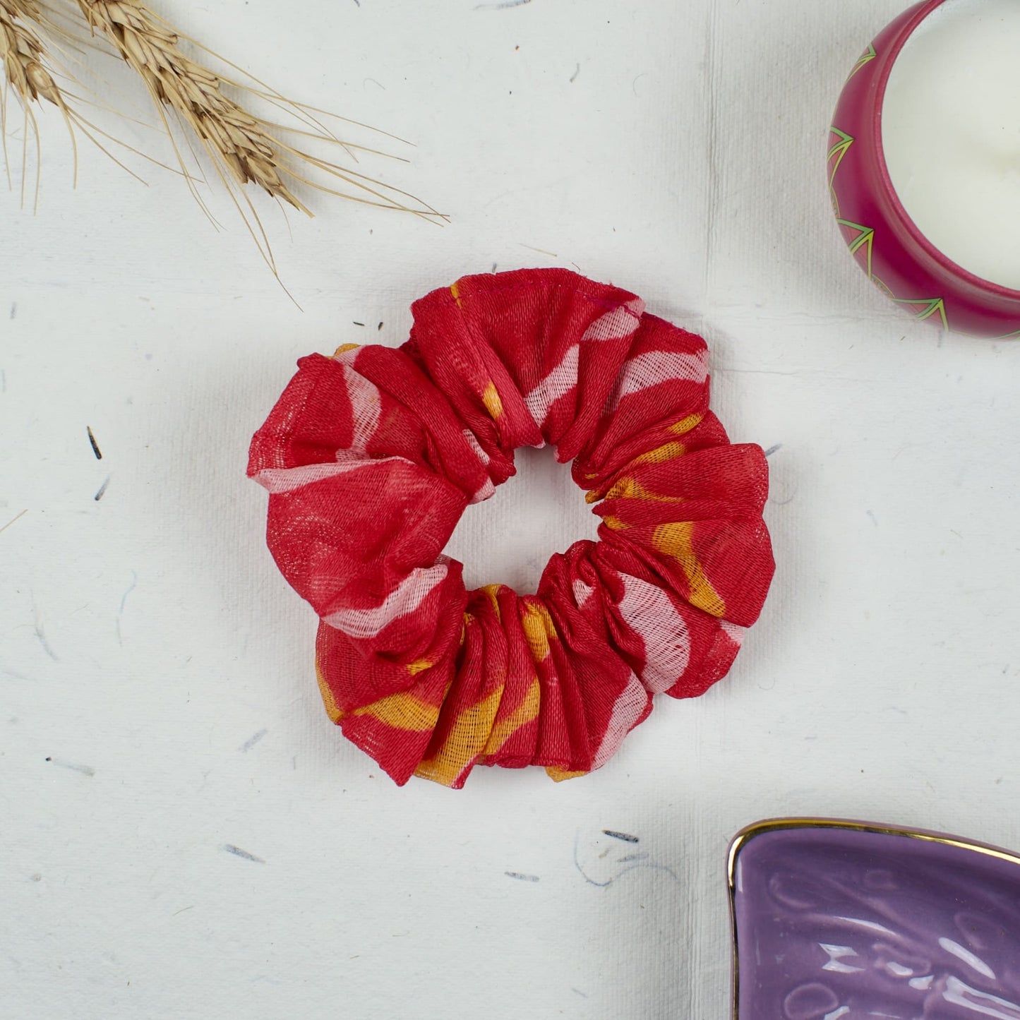 Red Ethnic Print scrunchie styled flatlay