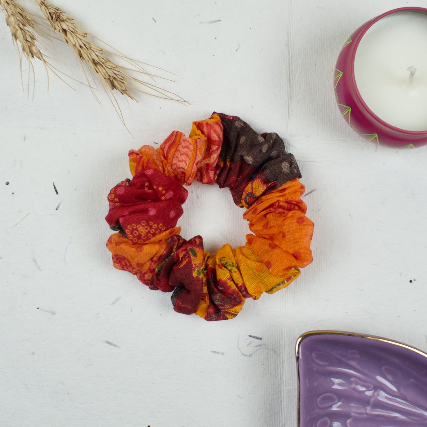 Orange Patchwork Print scrunchie styled flatlay