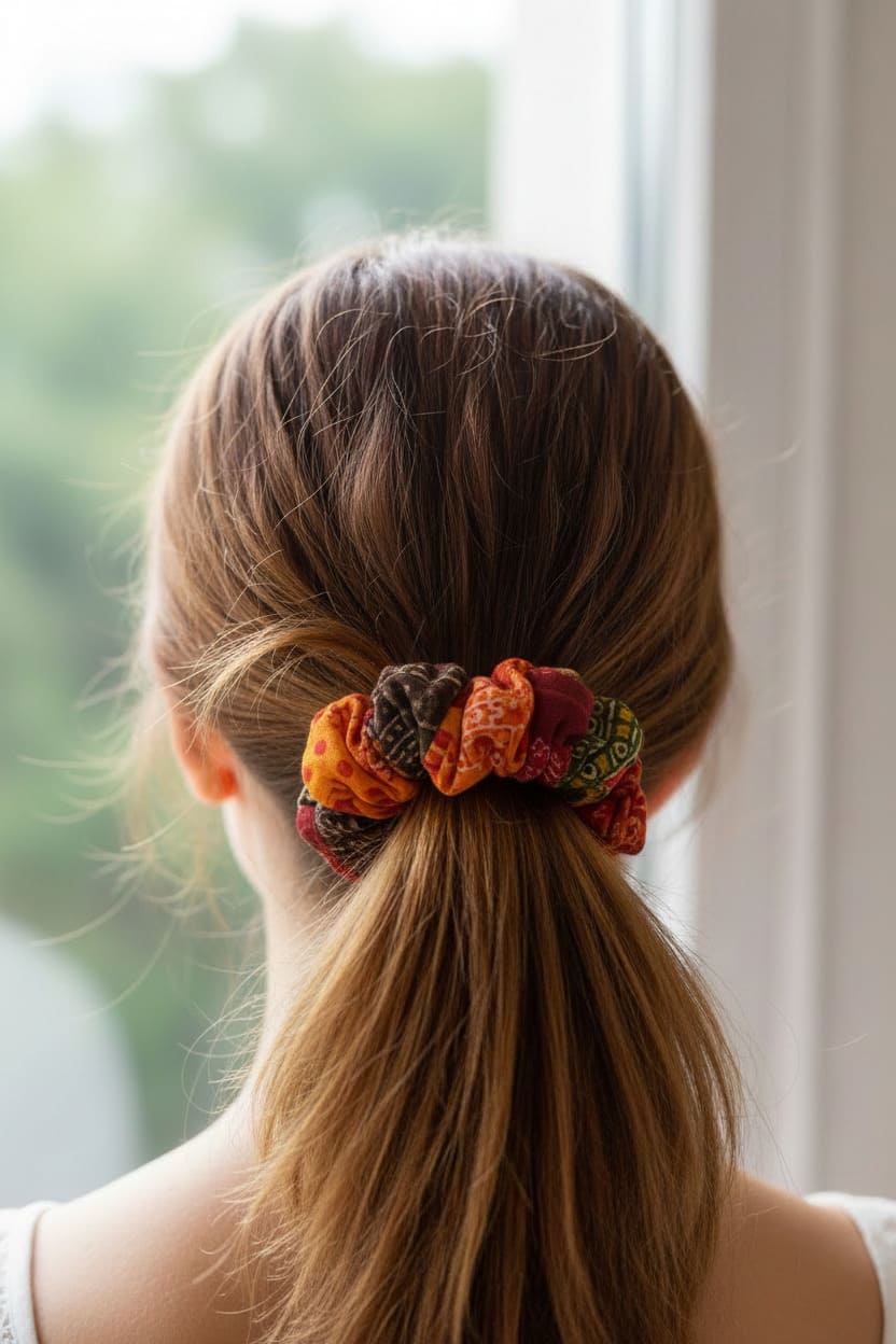 Orange Patchwork Print scrunchie worn in hair