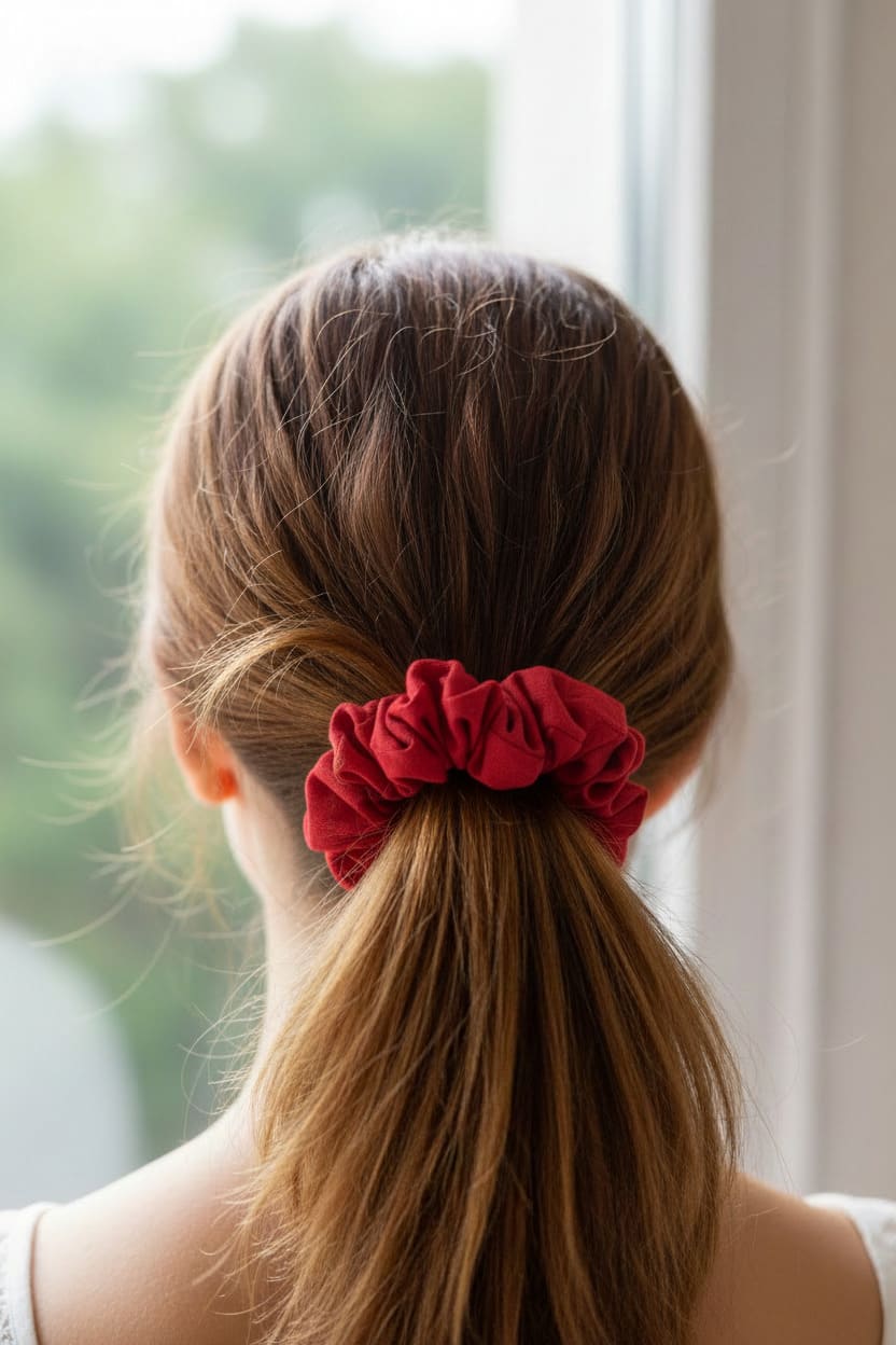 Red Solid scrunchie worn in hair