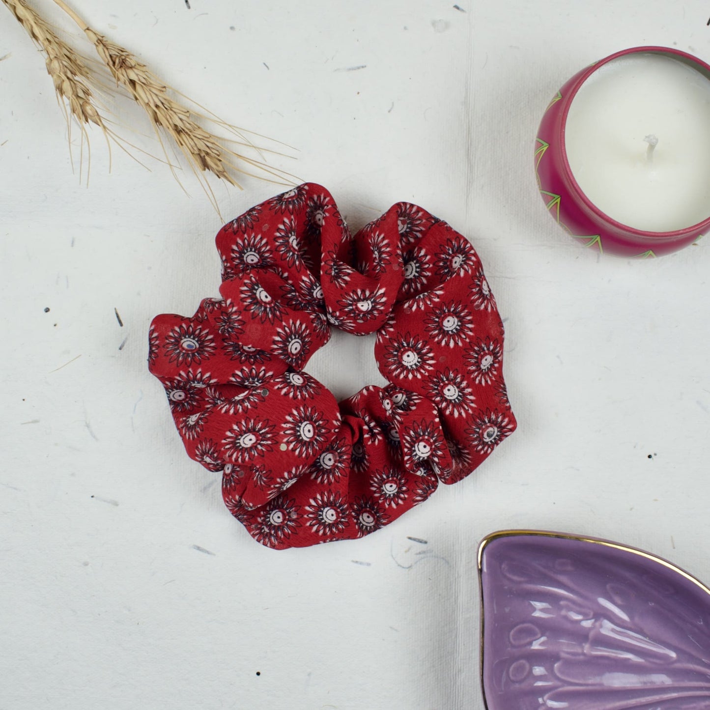 Red Floral Print scrunchie styled flatlay