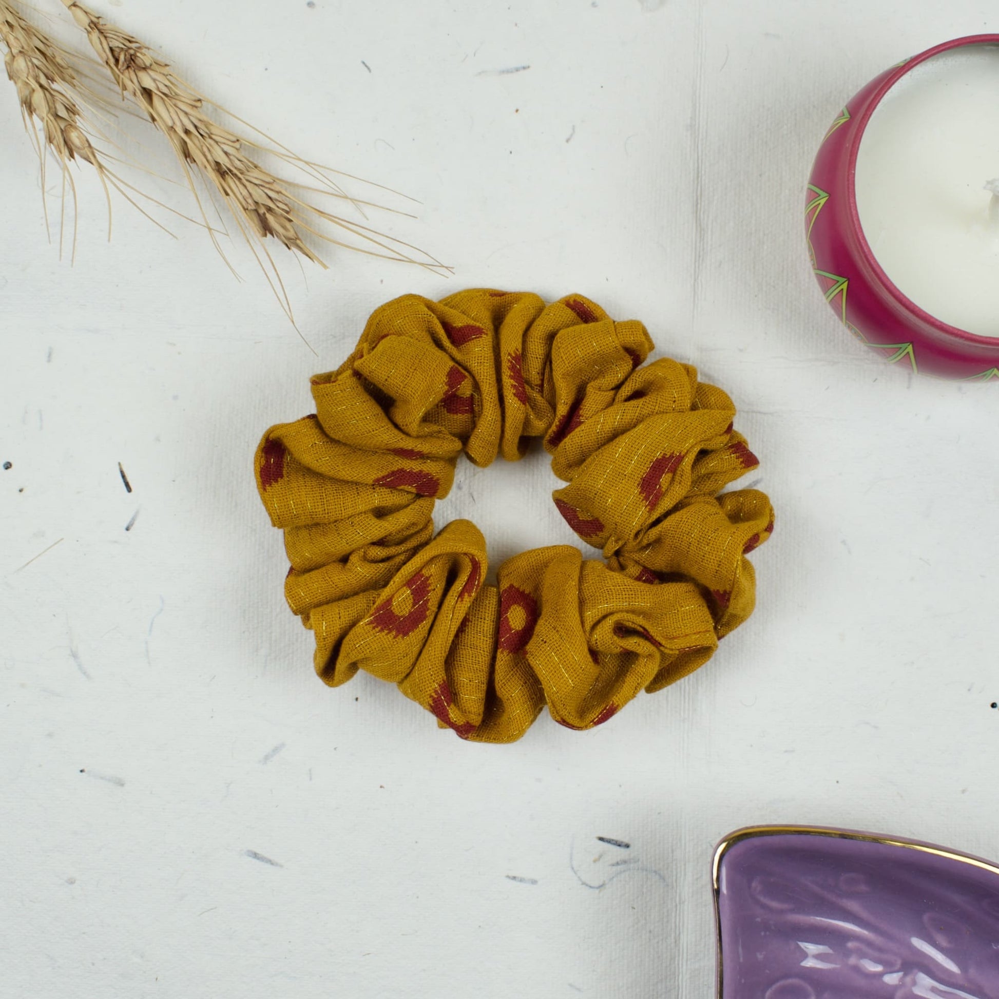 Yellow Ethnic Print scrunchie styled flatlay