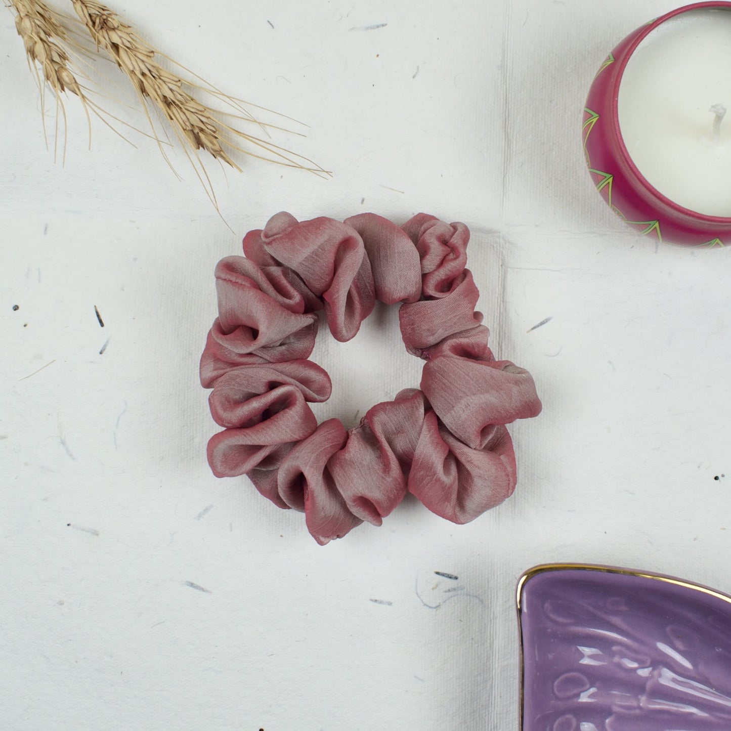 Pink Solid scrunchie styled flatlay