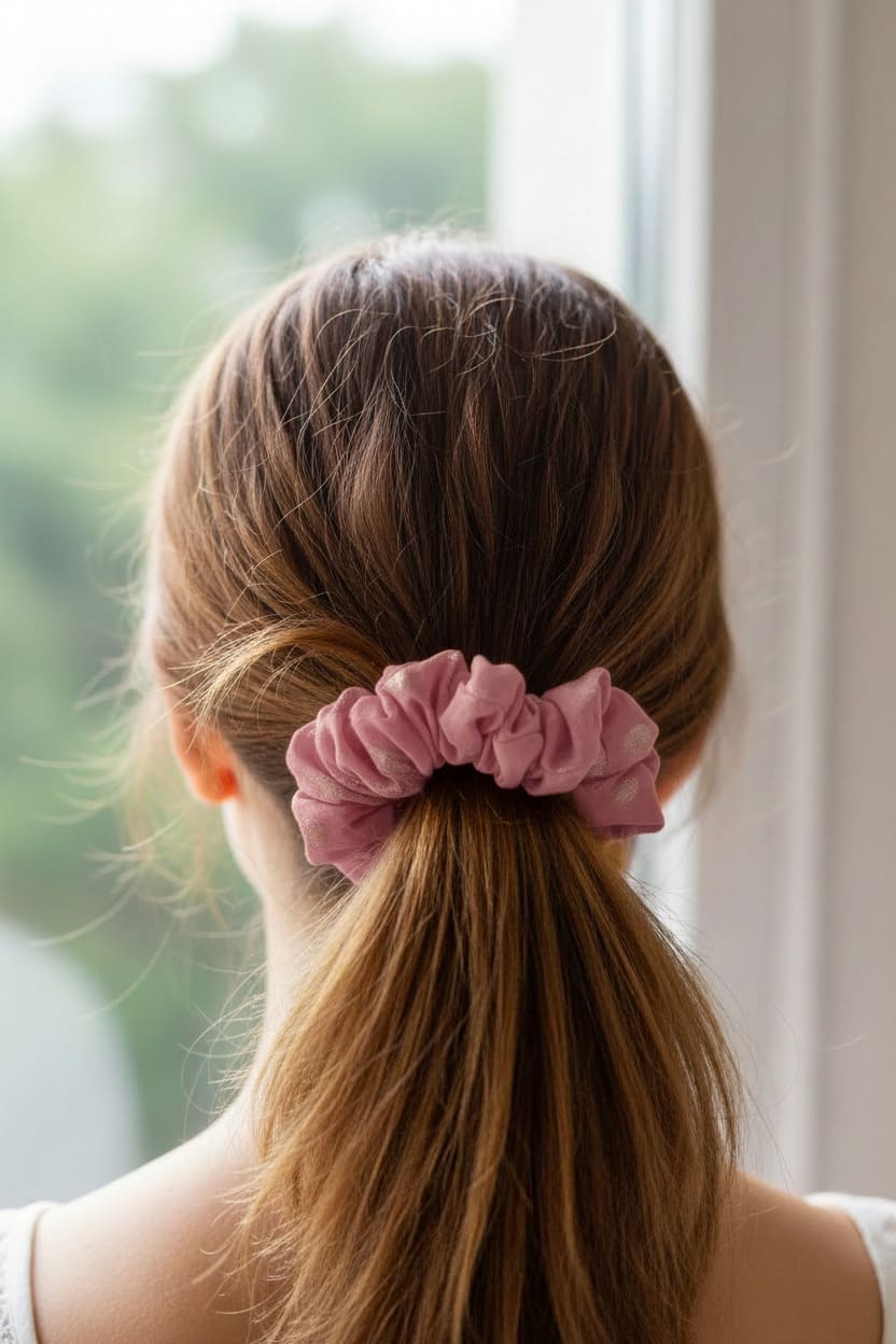 Pink Solid scrunchie worn in hair