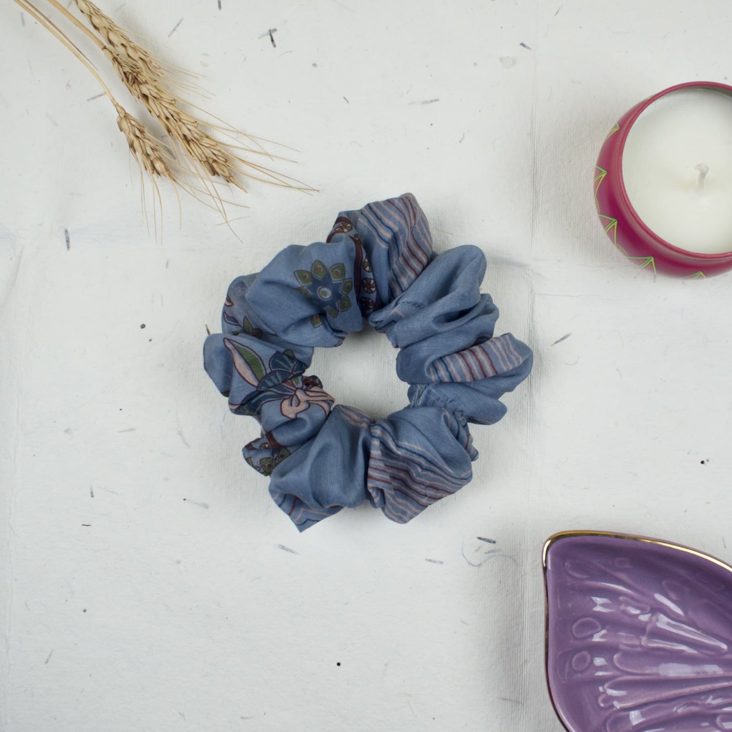 Blue Printed scrunchie styled flatlay