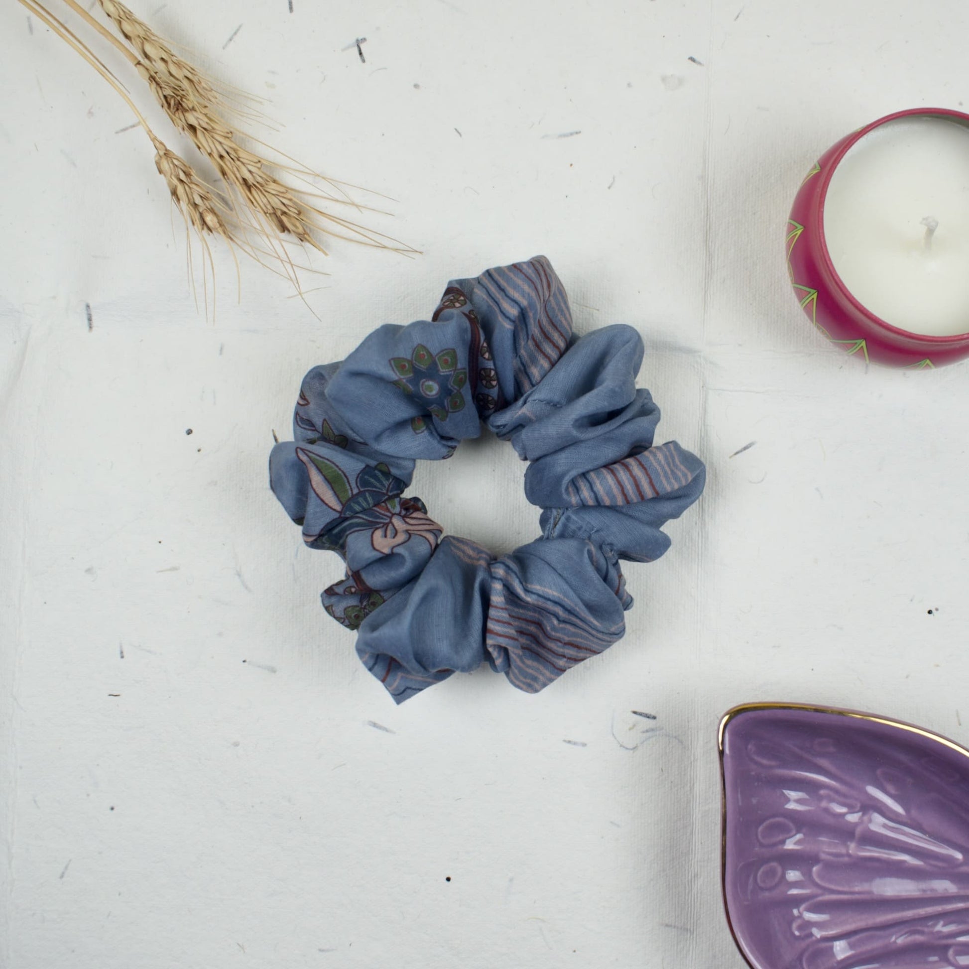 Blue Printed scrunchie styled flatlay