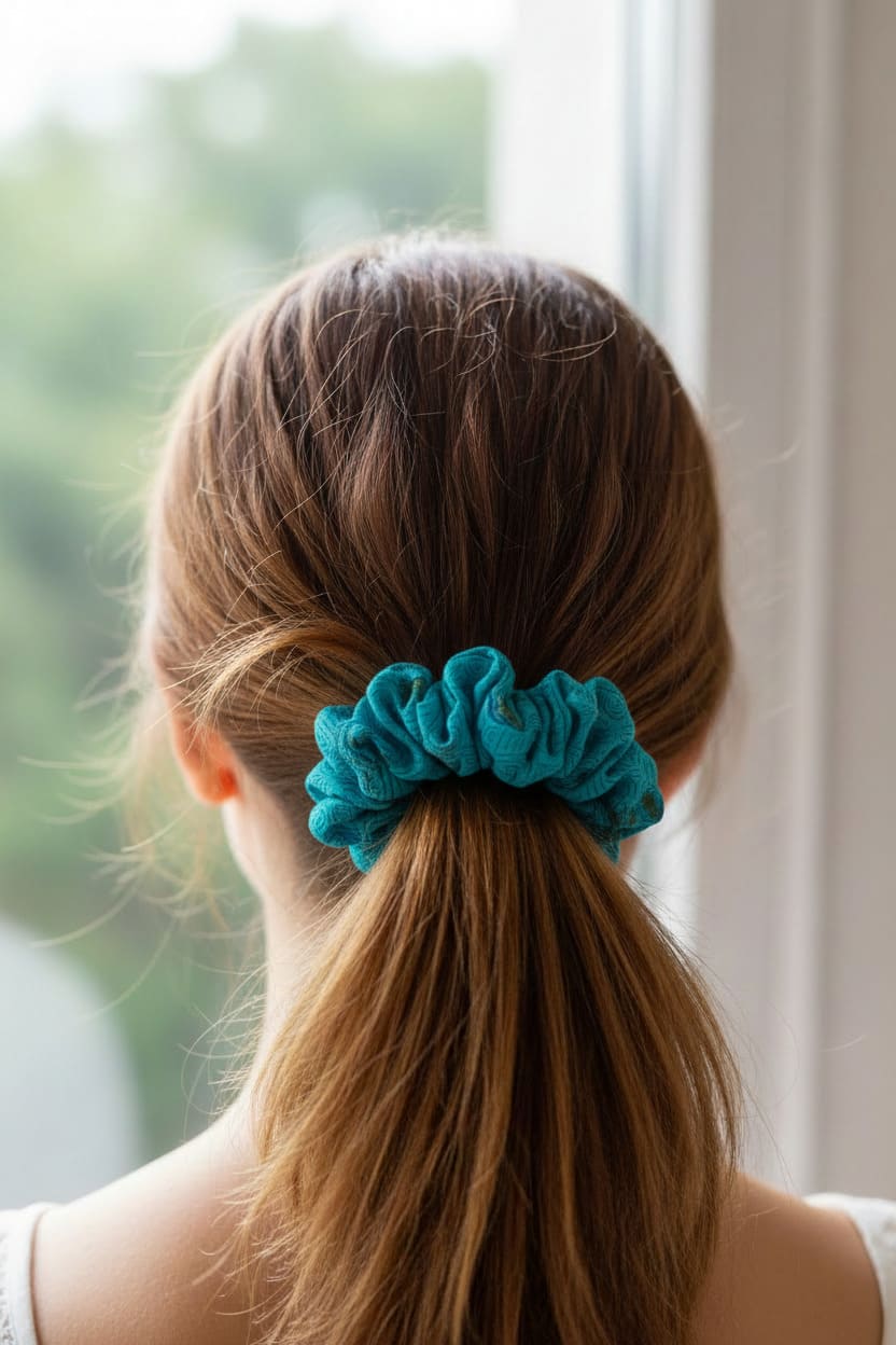 Blue Textured scrunchie worn in hair