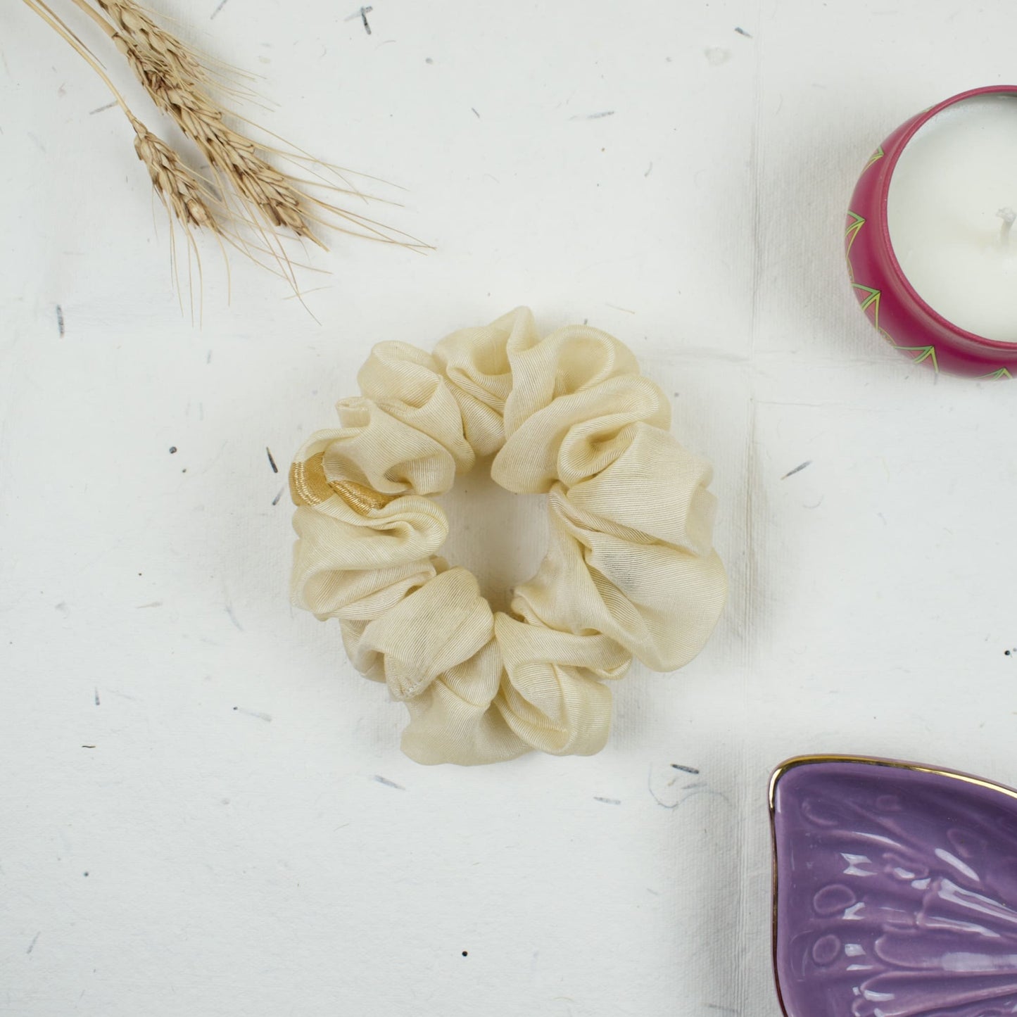 White Solid Off scrunchie styled flatlay
