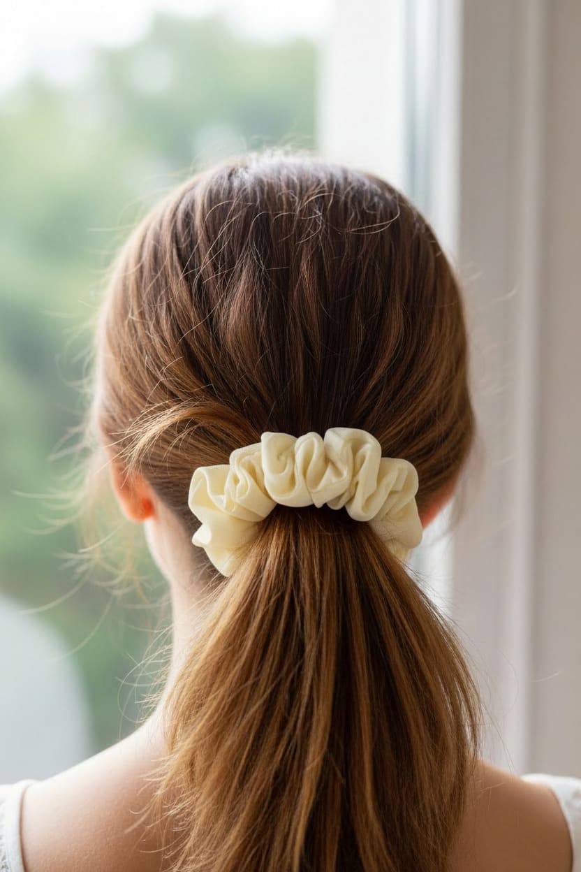 White Solid Off scrunchie worn in hair